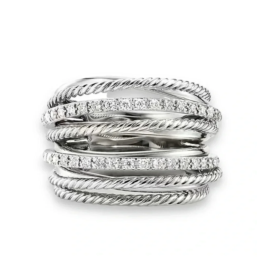 NEW Luxury Multilayered Silver Zircon Ring